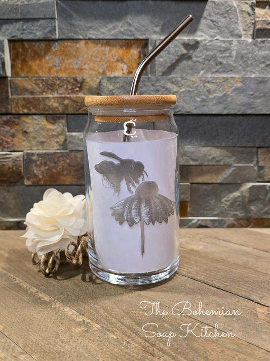 Bee & Cone Flower 16 oz Can Shaped Glass