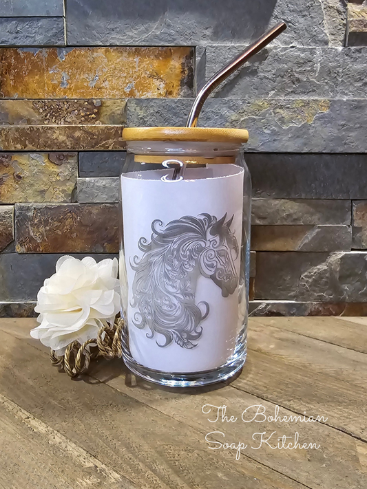 Floral Horse Head 16 oz Can Shaped Glass