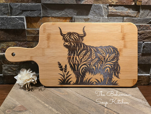 Highland Cow Bamboo Cutting Board with Handle