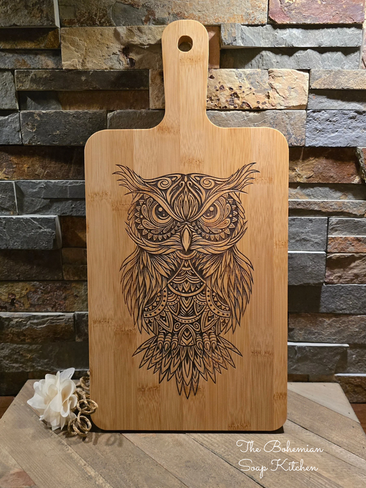 Owl Mandala Bamboo Cutting Board with Handle
