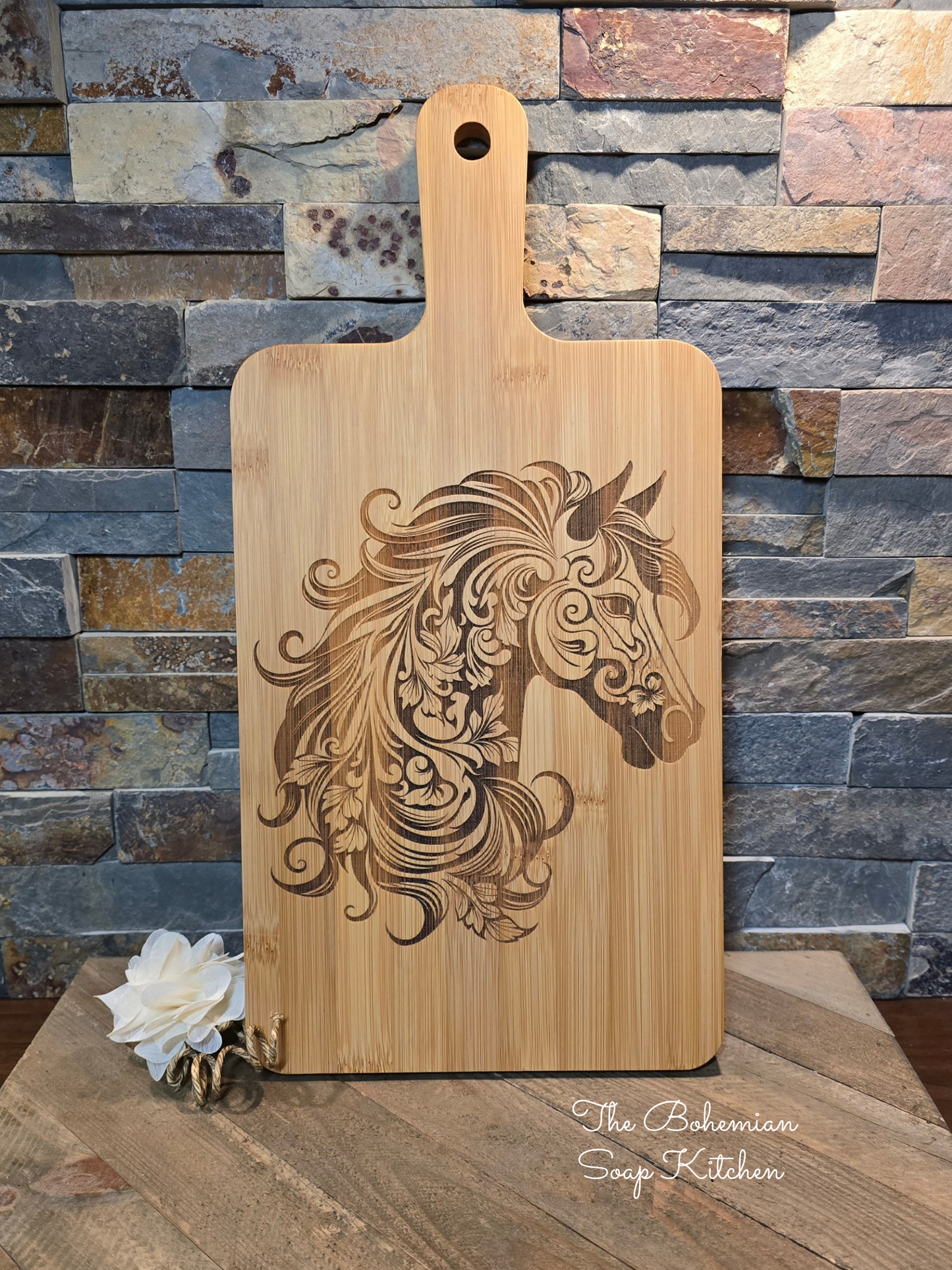 Floral Horse Head Bamboo Cutting Board with Handle