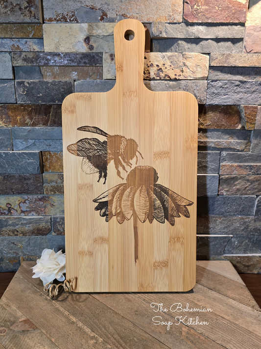 Bee & Cone Flower Bamboo Cutting Board with Handle