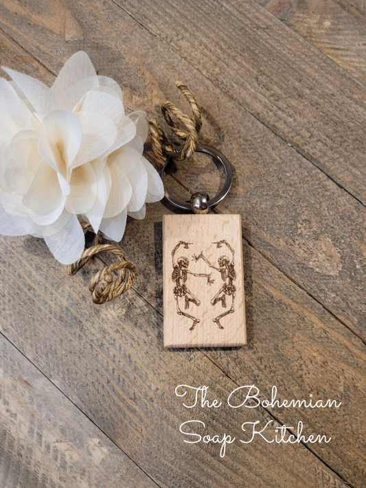 Dancing Skeletons Wood Key Chain