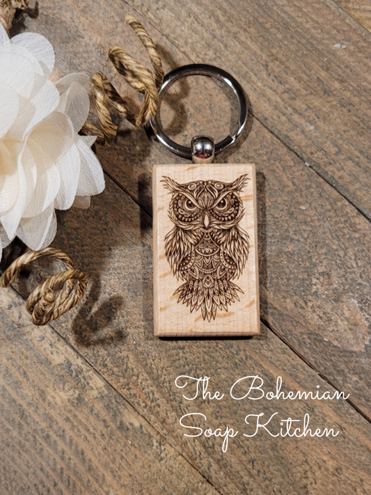 Mandala Owl- Beech Wood Key Chain