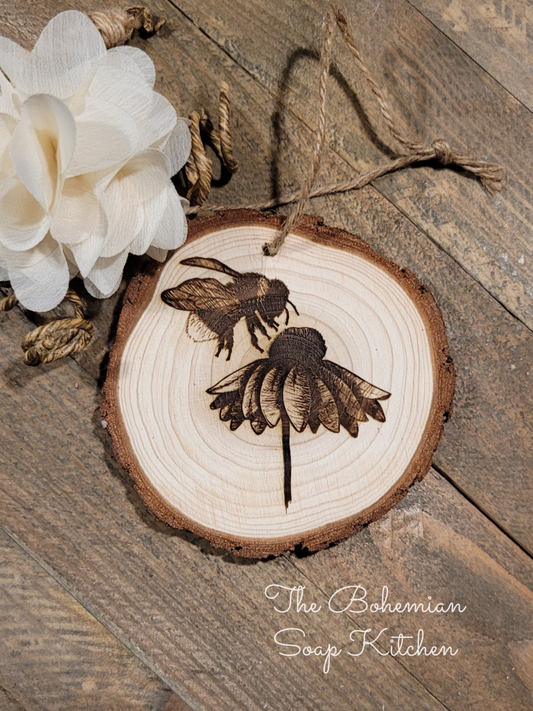 Bee & Cone Flower Rustic Ornament