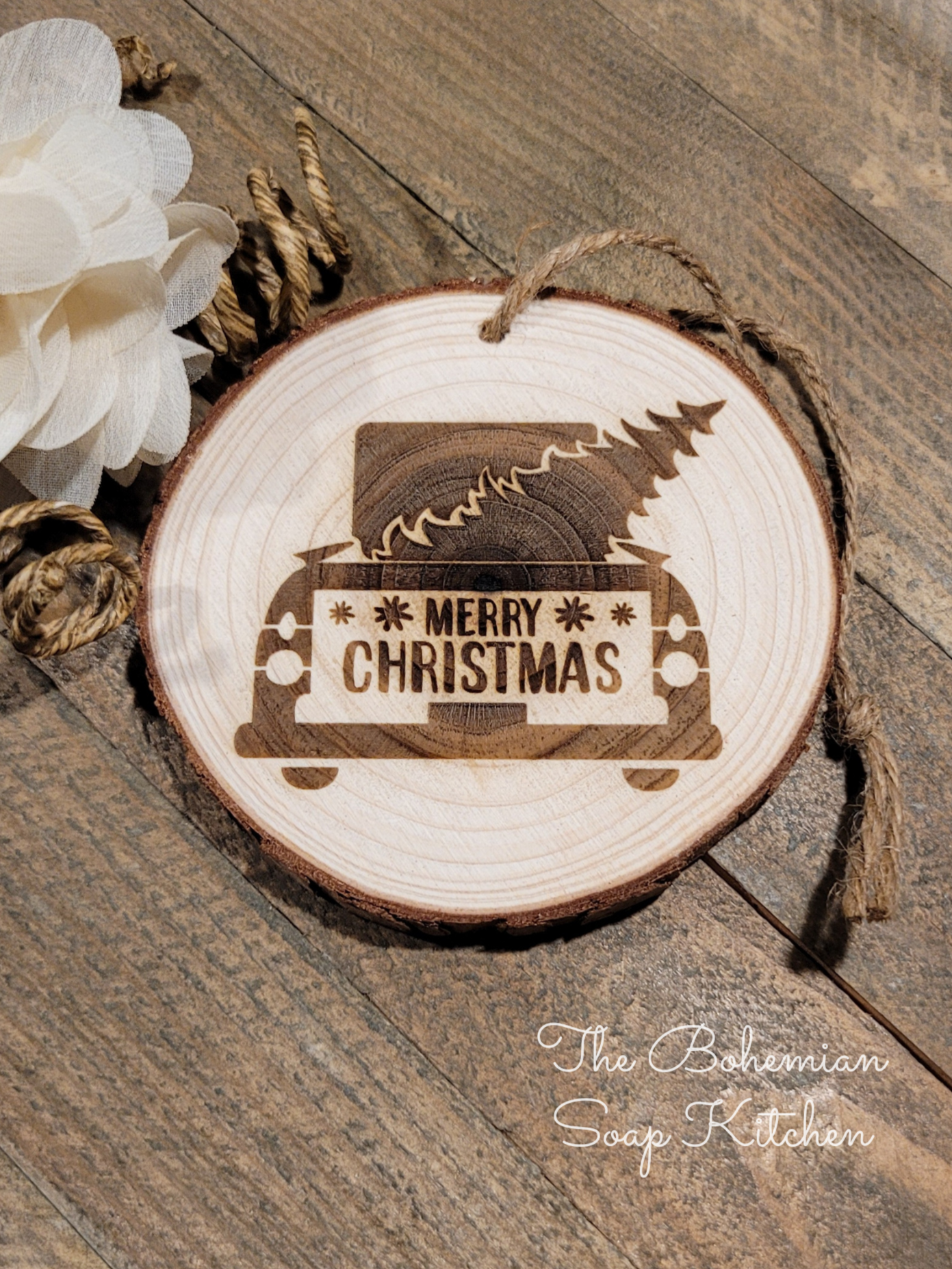 Merry Christmas Truck Rustic Engraved Ornament