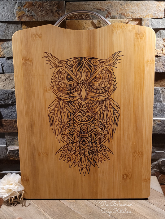 Owl Mandala Bamboo Cutting Board