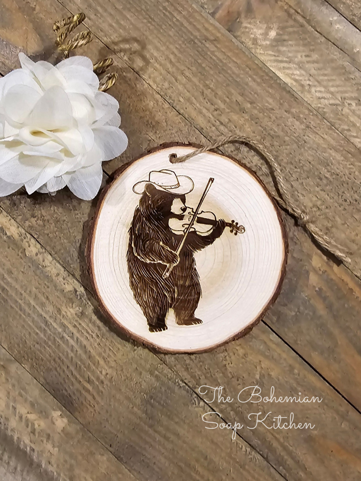 Fiddler Bear Rustic Ornament