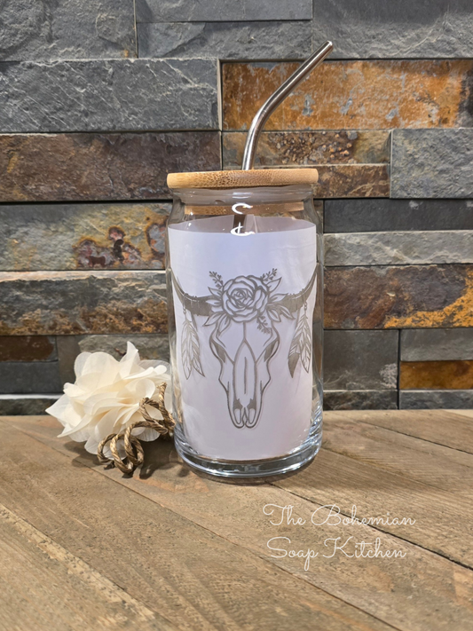 Boho Cow Skull 16 oz Can Shaped Glass