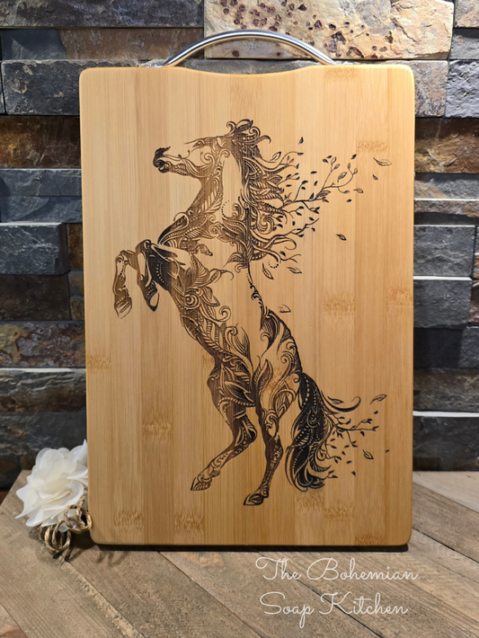 Floral Horse Bamboo Cutting Board with Handle