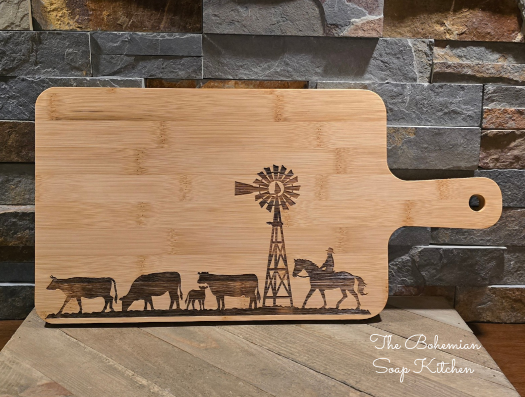 Windmill Rancher Bamboo Cutting Board with Handle