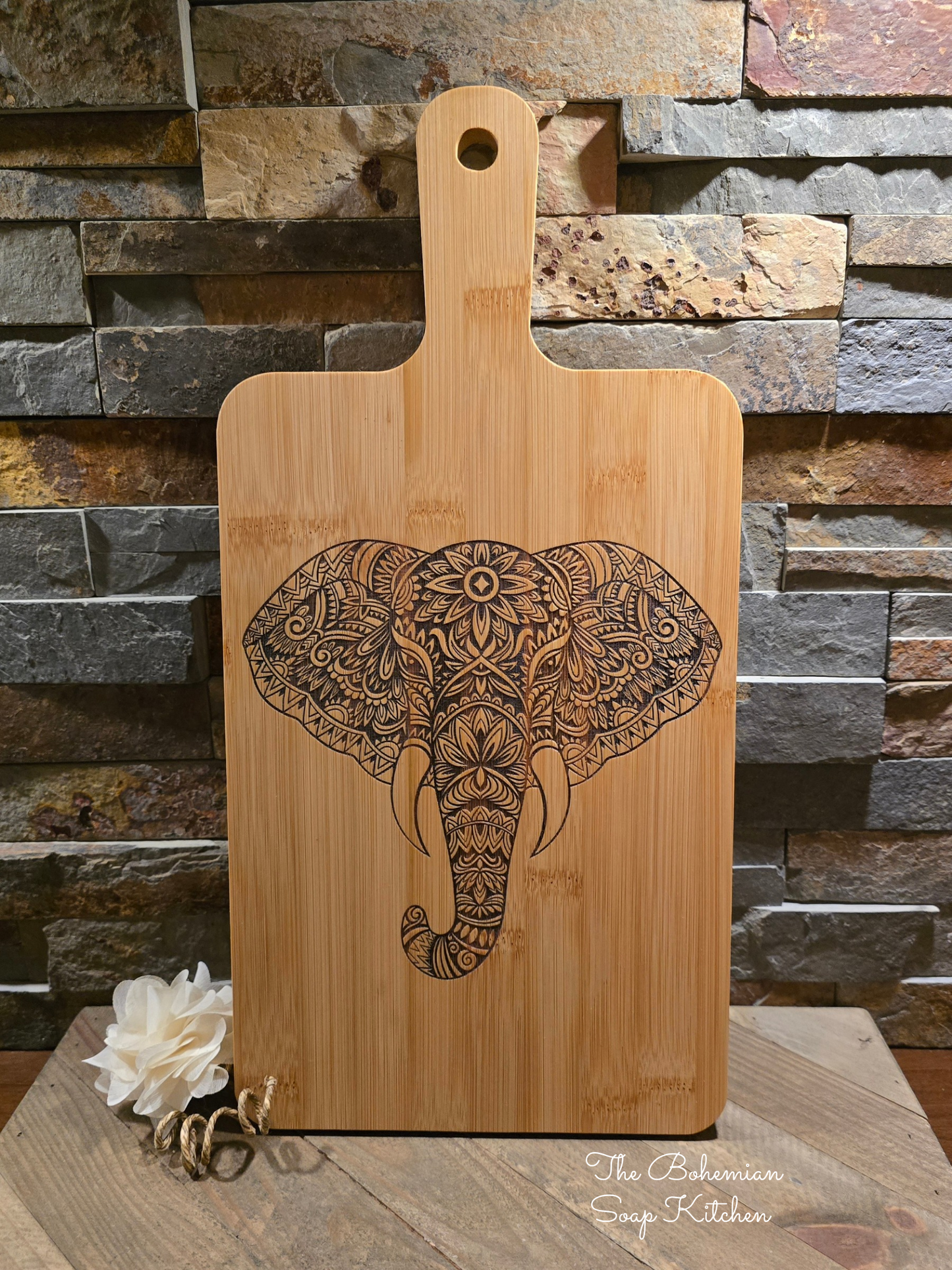 Elephant Mandala Bamboo Cutting Board with Handle