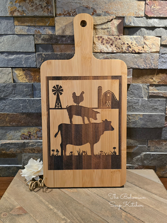 Farm Animal Bamboo Cutting Board with Handle