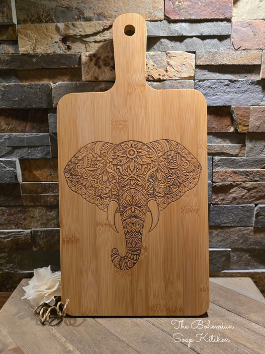 Elephant Mandala Bamboo Cutting Board with Handle
