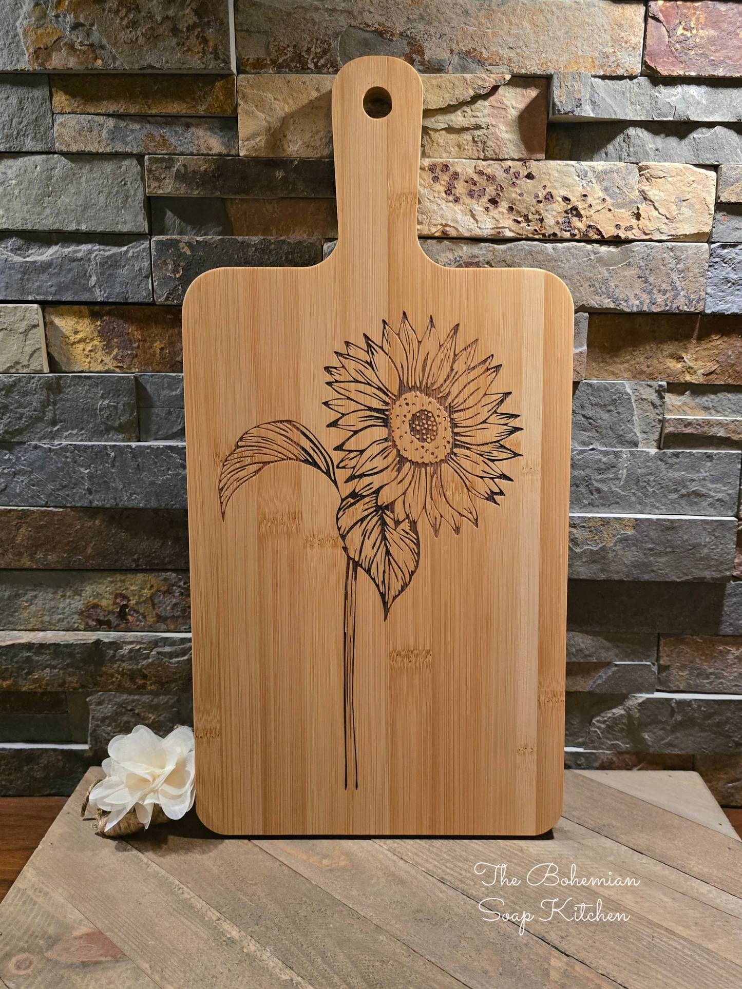 Upright Sunflower Bamboo Cutting Board with Handle