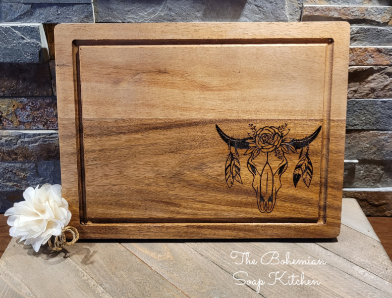 Boho Cow Skull Acacia Cutting Board